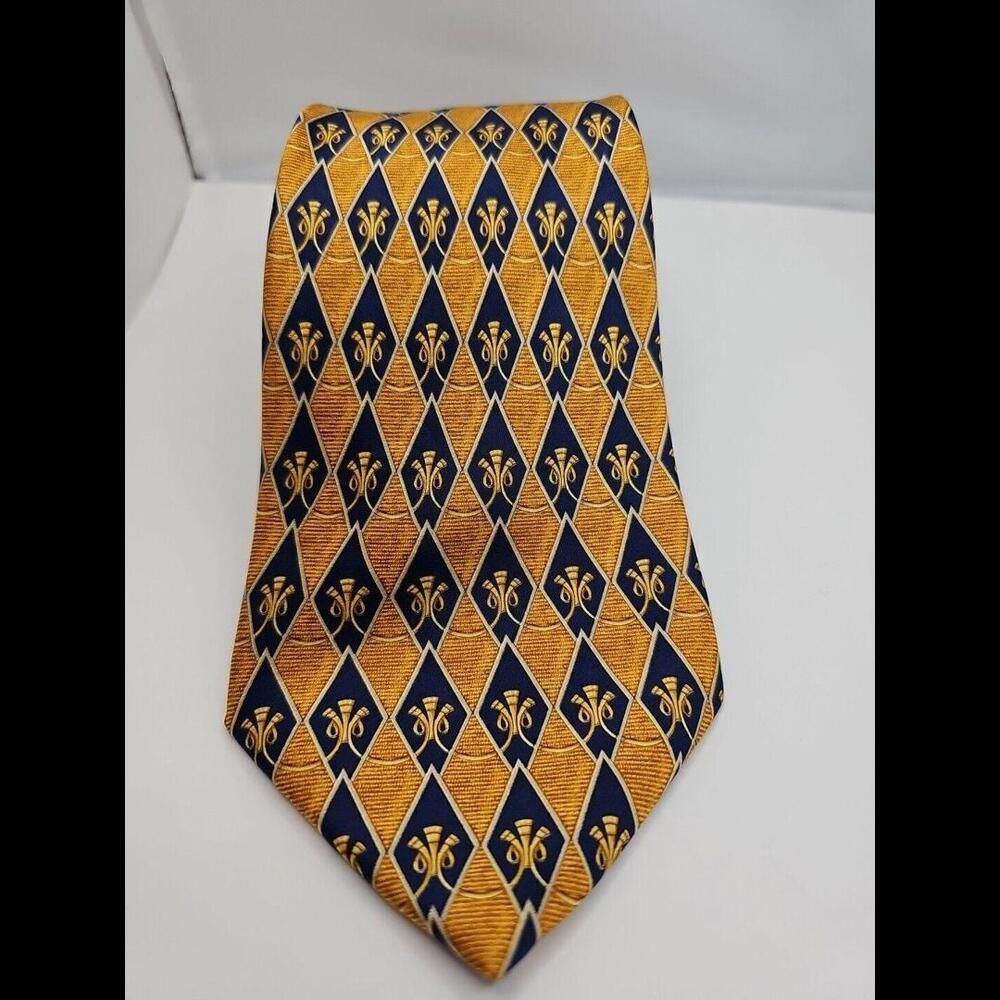 LANVIN PARIS MENS 100% SILK NECK TIE GOLD Blue Trumpet MADE IN FRANCE‎ 58"x3.75"